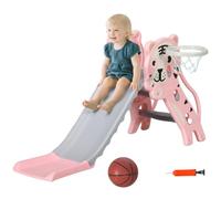 AIYAPLAY Scivolo per Bimbi 18-36 Mesi con Canestro da Basket Laterale, Scivolo in Plastica, 133x60x70 cm, Rosa e Grigio