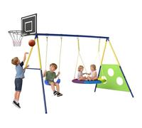 AIYAPLAY Set Altalena da Giardino 4 in 1 per Bambini con 2 Altalene, Canestro da Basket, Porta da Calcio, Supporto ad A in Acciaio, Capacità 150 kg, per Uso Esterno, 3-8 Anni, 288x160x220 cm