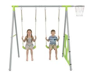 AIYAPLAY Set Altalena da Giardino per Bambini 3 in 1 con Altalena per Bambini, Canestro da Basket e Porta da Calcio, Gioco per Bambini 3-8 Anni con Telaio ad A in Metallo per Uso Esterno, Carico 90kg