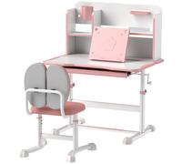 AIYAPLAY Set Scrivania e Sedia per Bambini 3-12 Anni Regolabili in Altezza, Banco Scuola con Piano Inclinabile 45°, Cassetto, Scaffale, Portapenne e Leggio, in Acciaio e MDF, Rosa