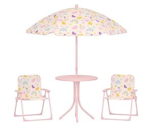 AIYAPLAY Set da Giardino 4 Pezzi per Bambini con Motivo a Farfalla e Arcobaleno e Tavolino Rotondo, 2 Sedie Pieghevoli e un Ombrellone, Tavolino con Sedie per Bimbi 2-5 Anni da Esterno, Rosa