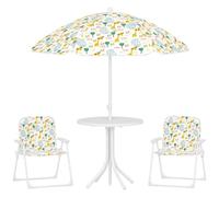 AIYAPLAY Set da Giardino 4 Pezzi per Bambini con Ombrellone 2-5 Anni Bianco | Motivo Giraffa ed Elefante, Tavolino Rotondo, 2 Sedie Pieghevoli, Tavolo e Sedie per Bambini da Esterno
