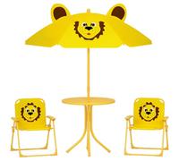 AIYAPLAY Set da Giardino 4 Pezzi per Bambini con Ombrellone 2-5 Anni Giallo | Motivo Leone, Tavolino Rotondo, 2 Sedie Pieghevoli, Tavolo e Sedie per Bambini da Esterno