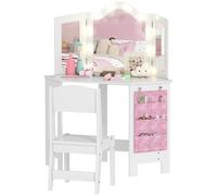 AIYAPLAY set da toeletta per bambina 2 in 1 con sgabello, scrivania con specchio a tre ante e luci LED, con frizione a leva