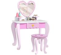 AIYAPLAY Set da toeletta per bambini, 2 pezzi, tavolo da toeletta con specchio, sgabello, cassetto, portaoggetti, scrivania, scrivania e sedia a tema cuore, rosa