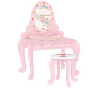 AIYAPLAY Set da toeletta per bambini, due pezzi, tavolo da toeletta con sgabello, specchio, cassetto, scrivania, scrivania per trucco a tema fragola, sedia, rosa