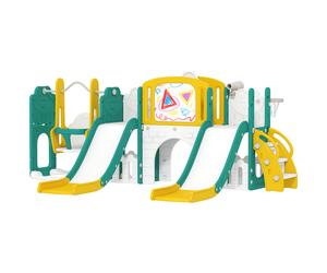 AIYAPLAY Set di Scivoli e Altalene 9 in 1 per Bambini con Canestro da Basket, Telescopio, Lavagna, Design Ranocchio, Giallo+Verde Aosom Italy