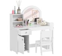 AIYAPLAY Set di tavolino e sedia da vanità per bambini, tavolino da toilette per bambine con specchio LED a 2 colori, sgabello, armadietto, cassetto, scaffale e ripiani per bambini dai 3 agli 8 anni,