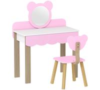 AIYAPLAY Set Frisiertisch con Sgabello per Bambini, Specchio da Trucco, Design Orsetto, Cassetto, MDF, Rosa Aosom Italy