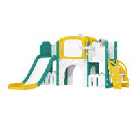 AIYAPLAY Set Scivolo per Bambini 7 in 1 con Arrampicata, Basket, Telescopio, Lavagna e Contenitore, Tema Rana, Giallo Aosom Italy