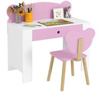 AIYAPLAY Set Scrivania per Bambini con Sedia, Tavolo da Studio con Cassetto, Schienale a Forma di Orsetto, Età 3-8 Anni, Rosa