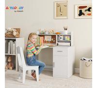 AIYAPLAY Set Scrivania e Sedia per Bambini con Ripiani, Armadietto, Cassetto e Bacheca, Set Tavolo e Sedia per Bambini 3-12 Anni, Banco Scuola per Ragazzi in Legno per Cameretta, Sala Studio, Bianco I
