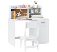 AIYAPLAY Set Scrivania e Sedia per Bambini con Ripiani, Armadietto, Cassetto e Bacheca, Set Tavolo e Sedia per Bambini 3-12 Anni, Banco Scuola per Ragazzi in Legno per Cameretta, Sala Studio, Bianco