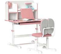 Aiyaplay Set scrivania e sedie per bambini +3 anni, scrivania per bambini ad altezza regolabile con pannello inclinabile, cassetto e ripiani, schienale imbottito, per libri, 80X55X107,5 cm, rosa