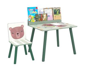 AIYAPLAY Set Sedia e Tavolino per Bambini con Ripiano Portaoggetti, Banco Scuola e Sedia in MDF e Legno di Pino, per Cameretta, Stanza da Gioco, Camera da Letto, Verde