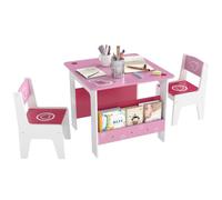 AIYAPLAY Set Tavolo con 2 Sedie per Bambini con Libreria Integrata Rosa | Tavolino, Scaffale Libreria Integrato, Mobili per Cameretta e Salotto, Legno MDF, Disegni a Cuori, Età 3-8 Anni