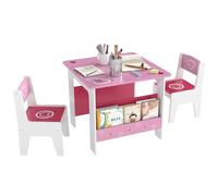 AIYAPLAY Set Tavolo con 2 Sedie per Bambini, Tavolino con Scaffale Libreria Integrato, Mobili per Cameretta e Salotto in Legno MDF con Disegni a Cuori, Età 3-8 Anni, Rosa