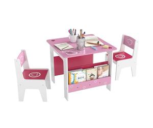 AIYAPLAY Set Tavolo con 2 Sedie per Bambini, Tavolino con Scaffale Libreria Integrato, Mobili per Cameretta e Salotto in Legno MDF con Disegni a Cuori, Età 3-8 Anni, Rosa