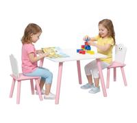 AIYAPLAY Set Tavolo e 2 Sedie per Bambini 3-6 Anni in Legno di Pino e MDF, Tavolino per Bambini con Sedie con Angoli Arrotondati, Tema Zucchero Filato, per Cameretta, Rosa