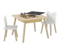 Aiyaplay Set tavolo e 2 sedie per bambini in legno, tavolo per bambini con sedie, con lavagna, schienale e scomparti a forma di orso, per bambini, per cameretta, camera da letto, naturale e bianco