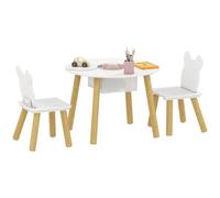 AIYAPLAY Set tavolo sedia legno bambini 3 pezzi 3-6 anni Bianco | Borsa a rete centrale, schienale a forma di orso, arti e mestieri, lettura, pranzo