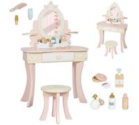 AIYAPLAY Set Toeletta con Specchio e Sgabello in Legno per Bambini, Tavolo da Trucco 2 in 1 Convertibile in Scrivania, 7 Accessori Inclusi, Rosa
