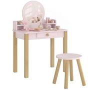 AIYAPLAY Set Toeletta Trucco Bambina 2 in 1 con Sgabello, Postazione Trucco in Legno con Specchio in Acrilico, Cassetto, 2 Ripiani, Bordi Arrotondati, Tavolo Trucco per Bimbi 3-6 Anni, Rosa