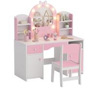 AIYAPLAY Set Toeletta Trucco Bambina 2 in 1 con Sgabello e Specchio, Rosa | Luci a 2 Colori, Specchiera Postazione Trucco in Legno, Cassetto, Ripiani, Armadietti, Tavolo Trucco per Bimbi 3-8 Anni