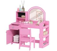 AIYAPLAY Set Toeletta Trucco per Bambini 3-8 Anni 2 in 1 con Specchio Illuminato e Sedia, Postazione Trucco in Legno con Luce LED a 2 Colori, Armadietto, Scaffali e Libreria, Rosa