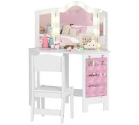AIYAPLAY Tavolino da toilette per bambini 2 in 1 con sgabello, scrivania per bambine con specchio trittico e luci LED bicolore, tasca laterale portaoggetti, tavolo da trucco per bambini dai 3 agli 8