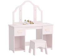 AIYAPLAY Toeletta Bambini con Sgabello, Specchio a Tre Ante, 2 Cassetti e 2 Armadietti, in Legno, 3+ Anni, Rosa Aosom Italy