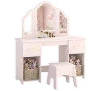 AIYAPLAY Toeletta Trucco Bambina 2 in 1 con Sgabello e Specchio 3 Ante Rosa