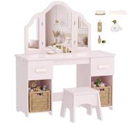 AIYAPLAY Toeletta Trucco Bambina 2 in 1 con Sgabello e Specchio 3 Ante Rosa | Specchio Rimovibile, Scrivania Specchiera Trucco, 2 Cassetti, 2 Armadietti, Accessori, Postazione Trucco in Legno, Cameretta