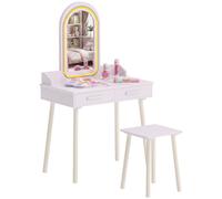 AIYAPLAY Set Toeletta Trucco Bambina 2 in 1 con Sgabello, 3-8 Anni Rosa | Luci LED a 3 Colori, Postazione Trucco in Legno, Specchio in Acrilico, 2 Cassetti, Bordi Arrotondati, Tavolo Trucco per Bimbi