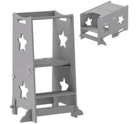 AIYAPLAY Torre Montessoriana Bambini Convertibile in Set Tavolo e Sedie con Barra di Sicurezza, Sgabello per Bambini 3-6 Anni in Legno, Torre di Apprendimento per Bagno, Cucina e Toilette, Grigio