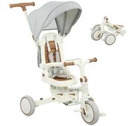 AIYAPLAY Triciclo per Bambini 5 in 1 con Maniglione, Copertura Superiore Rimovibile, Cintura a 5 Punti e Barra di Sicurezza, Triciclo Bambini in Alluminio e PP, 96.5x49x101 cm, Bianco Crema