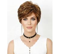 AIYLMZ Parrucche Piene Ondulate Taglio Pixie Corto per Donna, Parrucche Sintetiche a Strati Soffici Naturali con Frangetta per Costume da Festa Quotidiano (Biondo Misto Marrone)