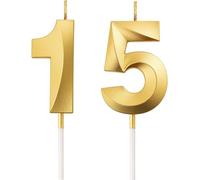 AIYONG Candele per torta a forma numero 15, Candele con numeri da 5cm, candele per torta di 15° compleanno, Candela dorata per il 15° compleanno, decorazioni per feste (Numero 15)