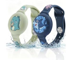 Aiyraa 2 bracciali AirTag per bambini, impermeabili, anti-perdita e antigraffio, custodia AirTag in silicone con moschettone, simpatici dinosauri e squalo (ideale per i bambini)