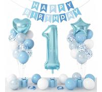 Aiyraa Decorazioni per il primo compleanno per ragazzi, kit di 26 pezzi blu | Palloncino numero 1, set di bandierine di buon compleanno per baby shower, feste di compleanno, anniversari