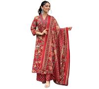 Aizza Trends Cotone da donna Febric Hand Block Floral Print Kurti con Plazzo stampato e Dupatta Set, Rosso, XXX-Large