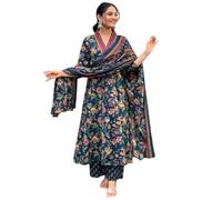 Aizza Trends Cotone da donna Febric Hand Block Floral Print Kurti con Plazzo stampato e Dupatta Set, Blu, X-Large