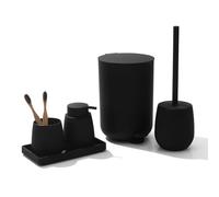 AJEUNGAIN Set Bagno Accessori Completo Nero, Set Accessori Bagno Moderno include Cestino Bagno, Portaspazzolino, Set Scopino WC e Dispenser Sapone, Vassoio da Vanity (Nero)