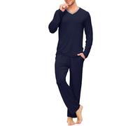 AjezMax Pigiama da Uomo Invernale Pigiama da Notte in bambou Manica Lunga Top e Pantaloni Lunga con Tasche Set Pigiama Due Pezzi L Bleu Marine