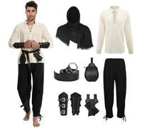 AJGEGJE Abbigliamento medievale da uomo, 7 pezzi, costume da rinascimento, costume medievale Viking con camicia pirata, pantaloni lunghi, cintura da polso (nero, 3XL)