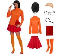 AJGEGJE Costume da Velma per Donna, Parrucca Bob Nera, Top Corto a Collo Alto a Maniche Lunghe, Gonna Skater, Costume Deluxe da Donna di Personaggi Classici del Cinema per Halloween Cosplay (XL)