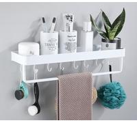 AJINGELA Scaffale sospeso da parete in metallo, bianco, mensole da bagno salvaspazio, antiruggine, extra forte, con 6 ganci e barra porta asciugamani (40 cm)