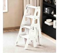 AJKNCVPEA Sgabello pieghevole a 3 gradini in legno massello, ripiano portaoggetti portatile due in uno con maniglia, per scala salvaspazio domestica(White)