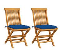 AJSEOYBS Sedie impilabili, per esterni, con cuscino blu, 2 pezzi, in legno massiccio teak, adatte per soggiorno, camera da letto, giardino, balcone, terrazza, cucina, per esterni