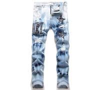 AJTREDYTSLKE Jeans da Uomo con Ricami Traforati, Pantaloni Slim Fit Elastici alla Moda, Pantaloni da Uomo a Gamba Dritta,Blu,31